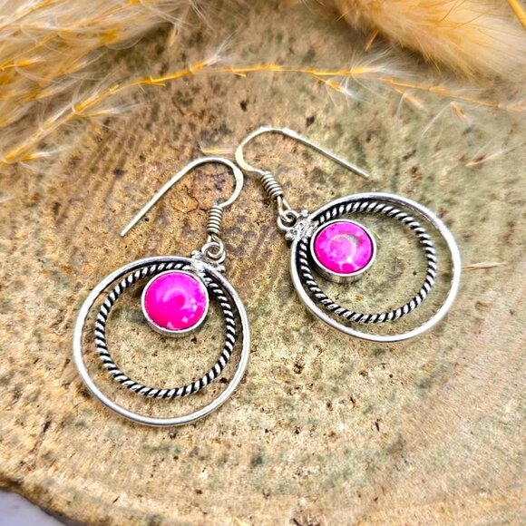 Hot Pink Stone Double Loops 925 Earring - Picture 10 of 10